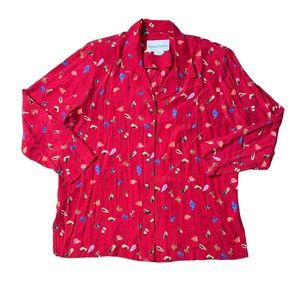 Stephanie Thomas Size 14 Red Printed Short Sleeve Button Rayon Shirt